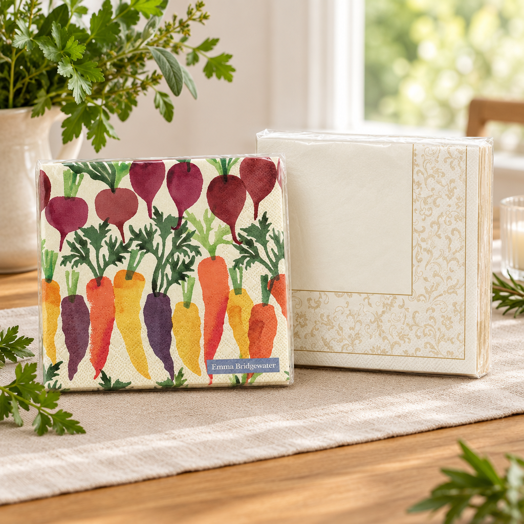 The Easy Entertaining Napkin Pair with Emma Bridgewater Sponged Veg and Villeroy and Boch Ivoire lunch napkins