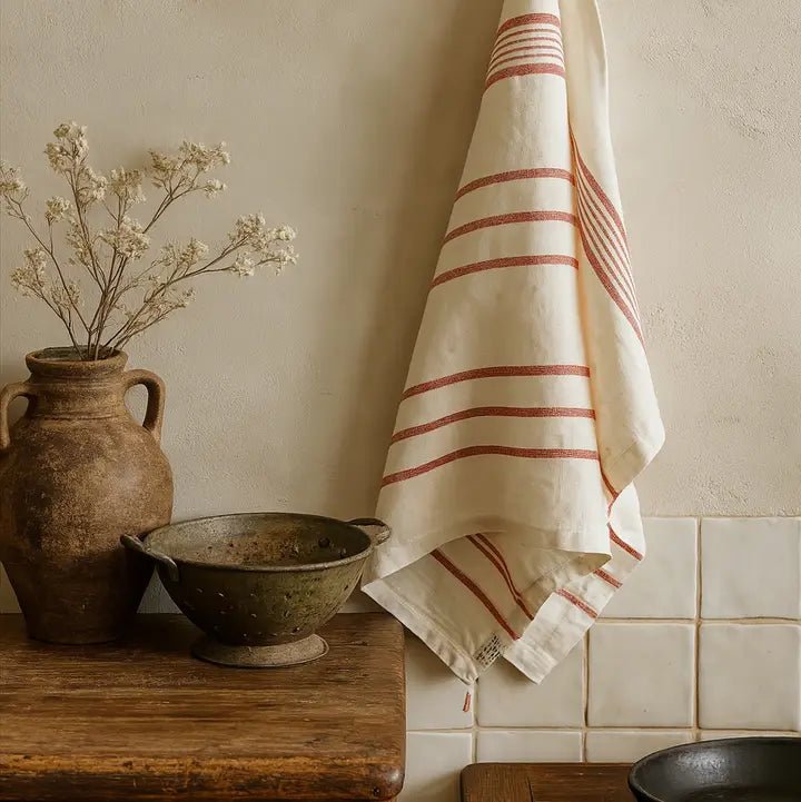 Pure French Linen Tea Towel - Rust Stripe - Just A Pinch Co