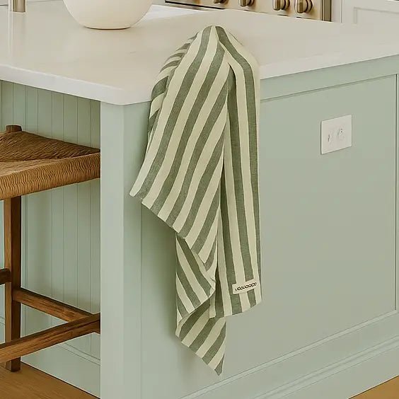 Pure French Linen Tea Towel - Sage Stripe - Just A Pinch Co