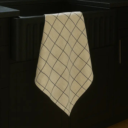 Pure French Linen Tea Towel - Black Grids