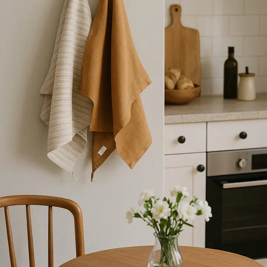 Pure French Linen Tea Towel - Biscuit Stripe
