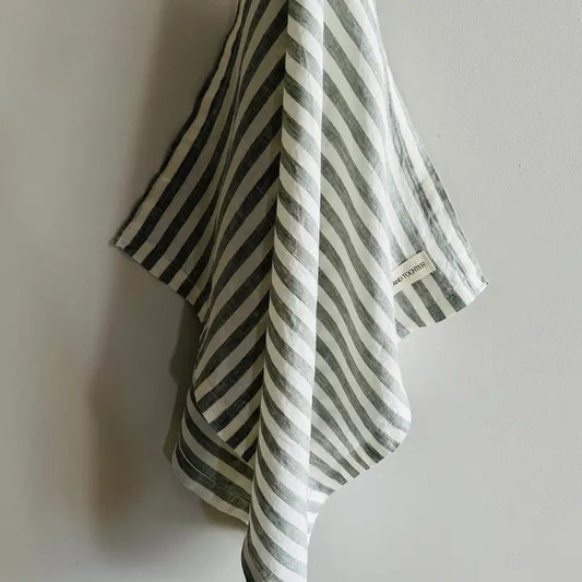 Pure French Linen Tea Towel - Sage Stripe