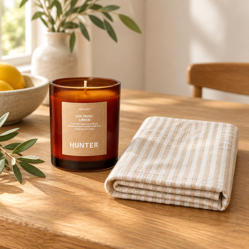 The Entertaining Pair with Hunter Angus candle and Pure French Linen Nature Stripes tea towel