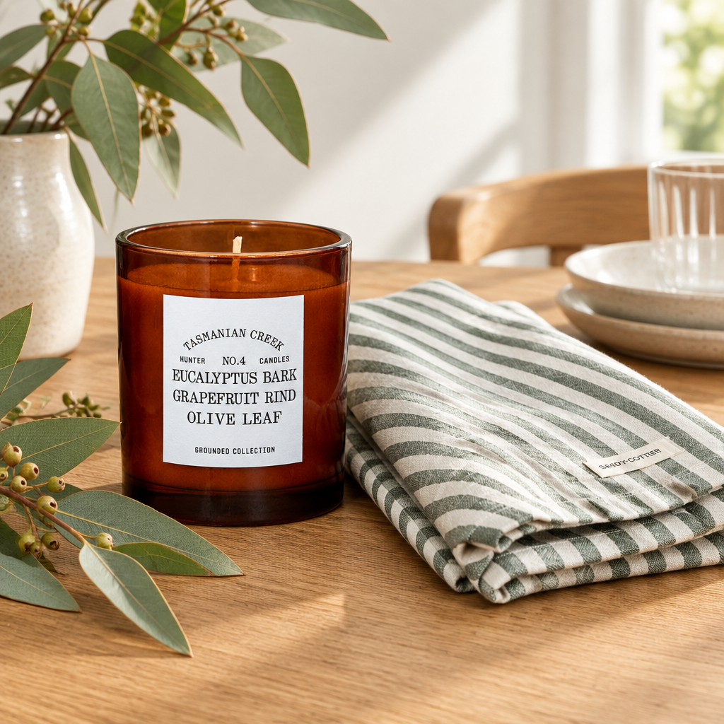 The Tasmanian Creek Candle and Sage Stripe tea towel gift bundle