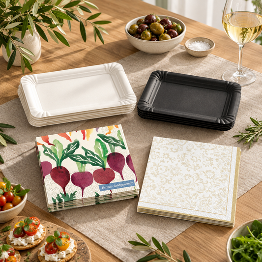The Easy Entertaining Pack with Paris plates, Emma Bridgewater Sponged Veg cocktail napkins and Villeroy and Boch Ivoire cocktail napkins