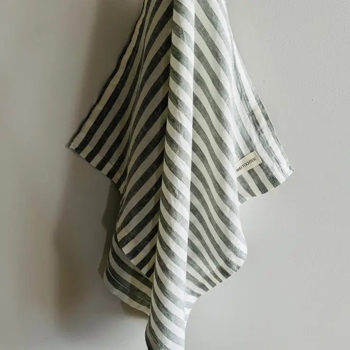 Pure French Linen Tea Towel - Sage Stripe - Just A Pinch Co