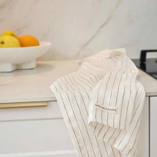 Pure French Linen Tea Towel - Toffee Pinstripes - Just A Pinch Co