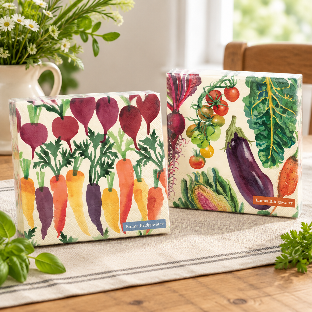 The Easy Entertaining Emma Bridgewater Napkin Pair with Sponged Veg and Vegetable Garden Cream lunch napkins